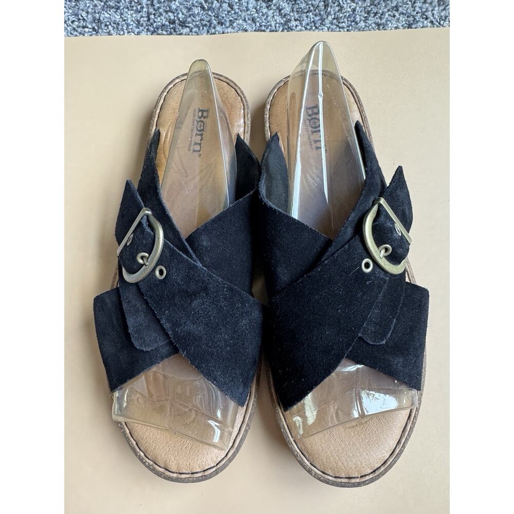 Born Black Suede Criss Cross Buckle Flat Sandals Women's Size 10 Comfort